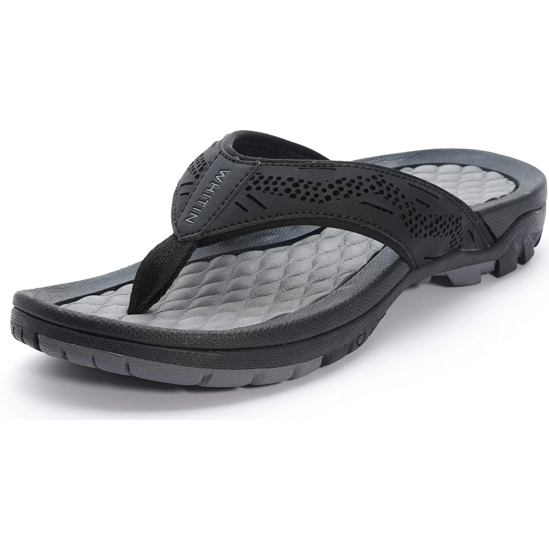 WHITIN Men's Arch Support Flip Flops Waterproof Outdoor Sandals Khaki 8.5 US (27.5 cm) — Black