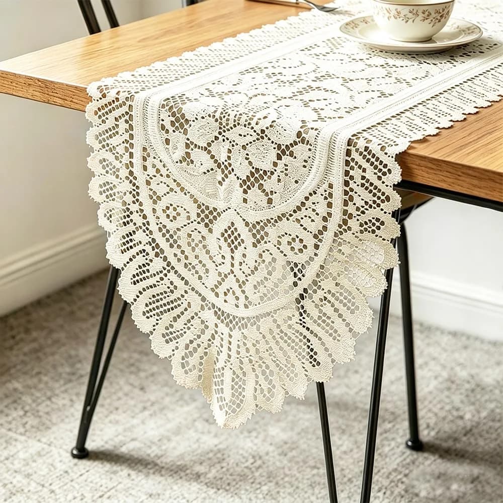 Tinsow Cotton Crochet Lace Table Runner 13" x 44" | Beige Rectangular Decor - main product image