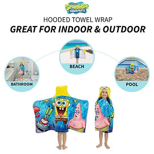 Franco SpongeBob SquarePants Hooded Towel Wrap 63cm x 127cm | Soft Cotton Terry for Bath & Beach thumbnail 4