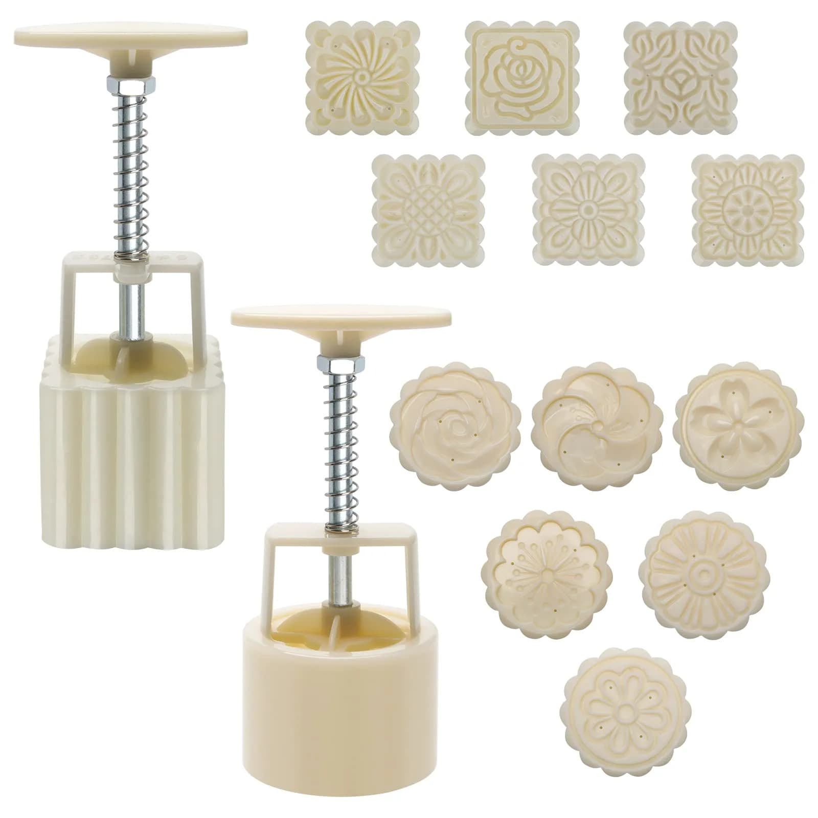 Luxiv 50g Mooncake Mold Set, 12 Patterns Round & Square | Food-Grade Stainless Steel & Plastic — White / 75g