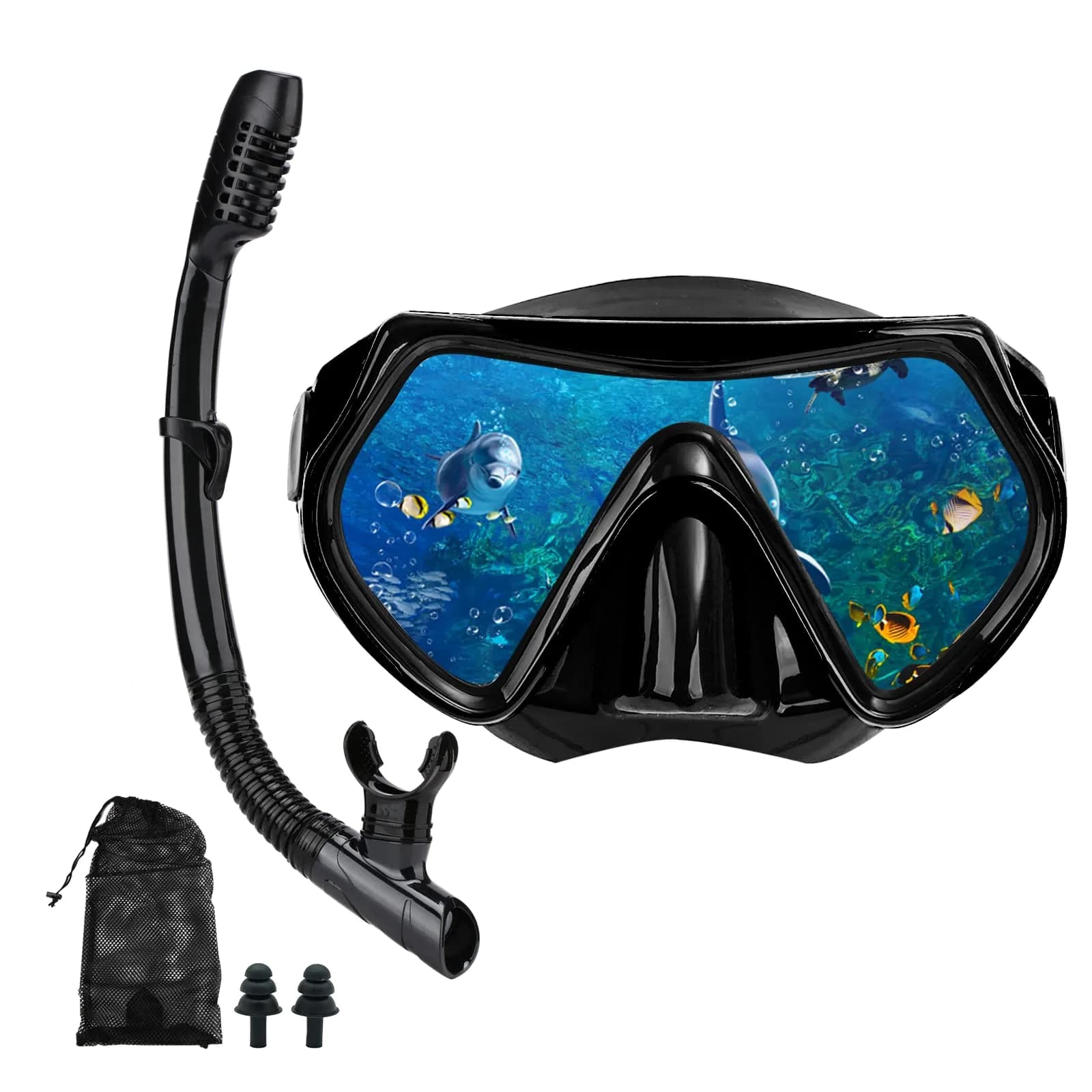 DIPUKI Snorkel Mask Snorkeling Set for Adults & Youth | Full Dry Snorkel & Tempered Glass (Black)
