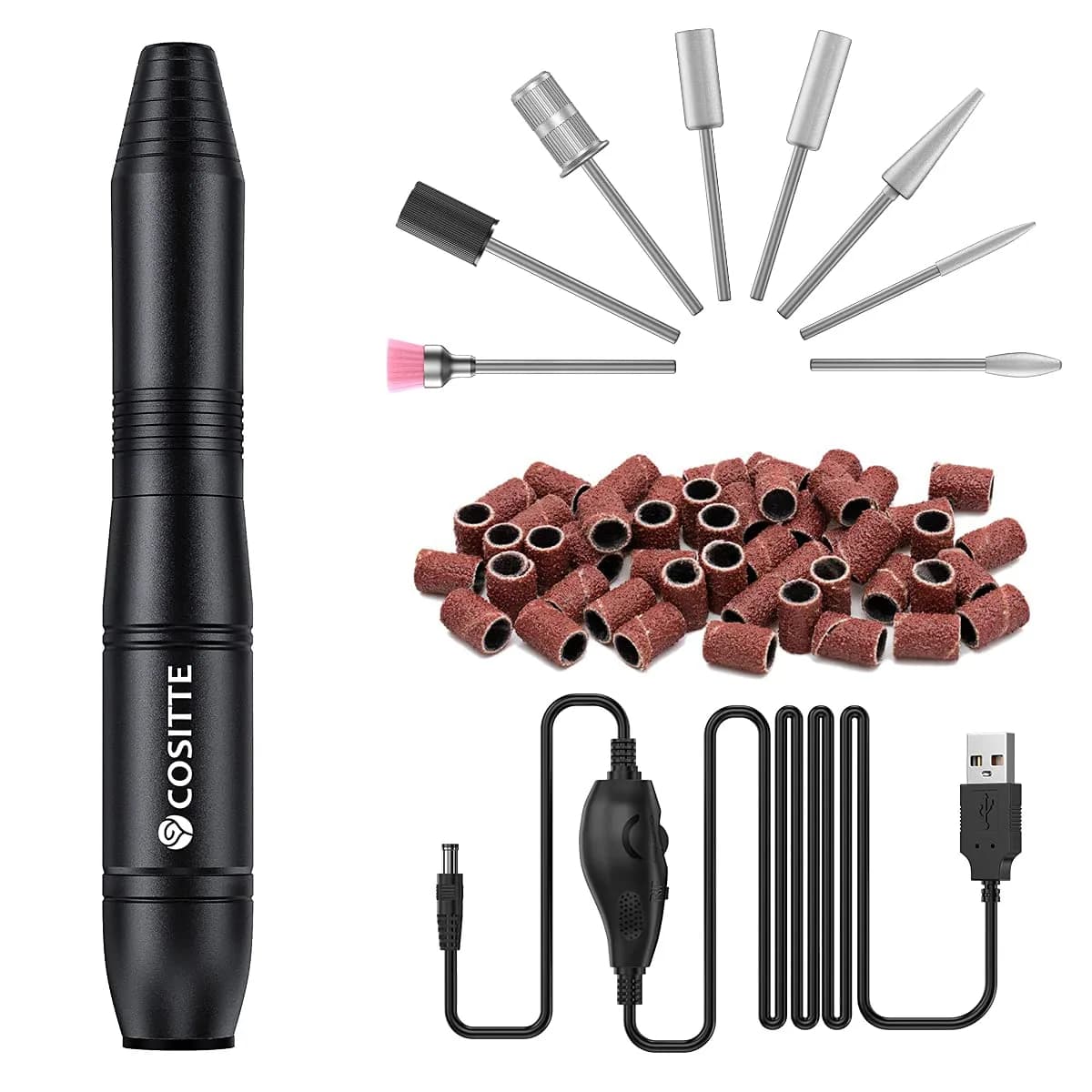 COSITTE Pink USB Electric Nail Drill Machine for Acrylic Nails | 20000 RPM Portable Efile — Black