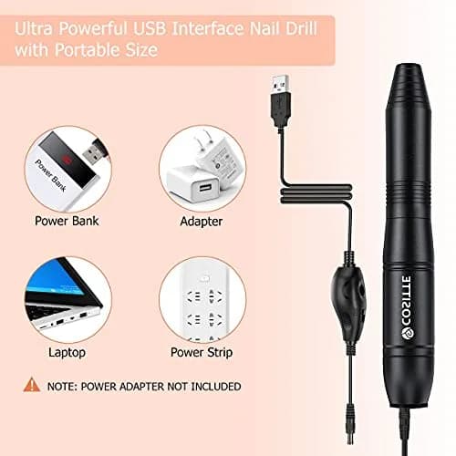 COSITTE USB Nail Drill Machine for Acrylic Nails with 46 Sanding Bands | Black, 20000 RPM thumbnail 2