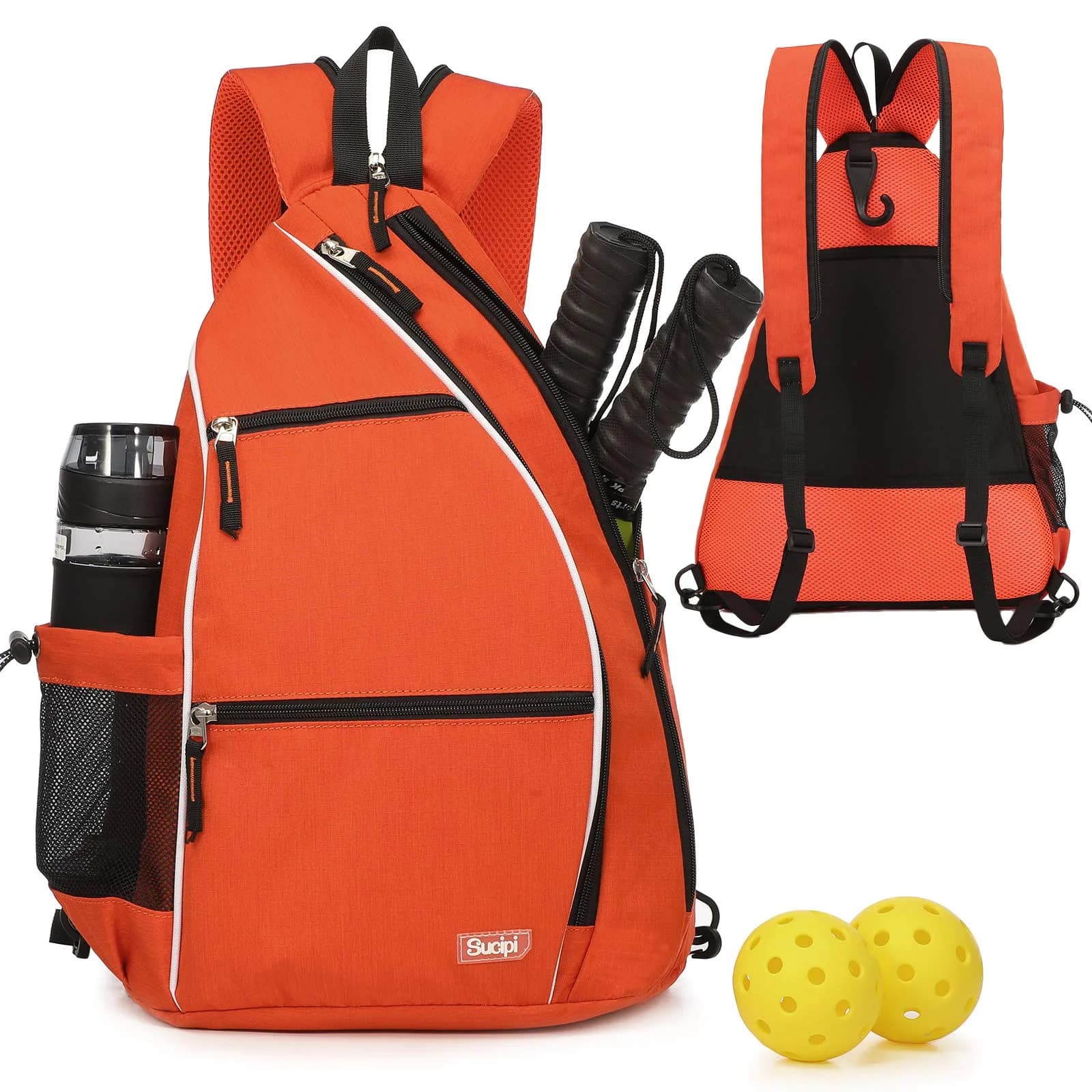 Sucipi Pickleball Bag for Men & Women,Convertible Backpack with Fence Hook | Large Capacity, Water-Resistant Nylon, 6 Paddle Slots — Orange / Medium