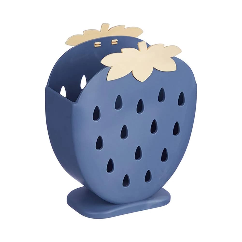 AKOAK Strawberry Cutlery Holder Stand, Plastic Utensil Organizer with Drains, 18 cm (7.1 inch) Height | Light Pink — Dark Blue