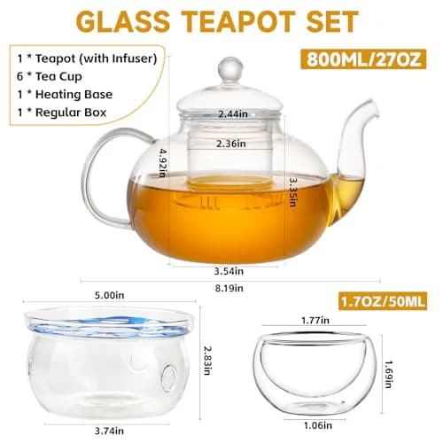GURUDAR Glass Teapot Set, 800ML | Elegant Borosilicate Tea Maker with 6 Cups & Infuser thumbnail 2