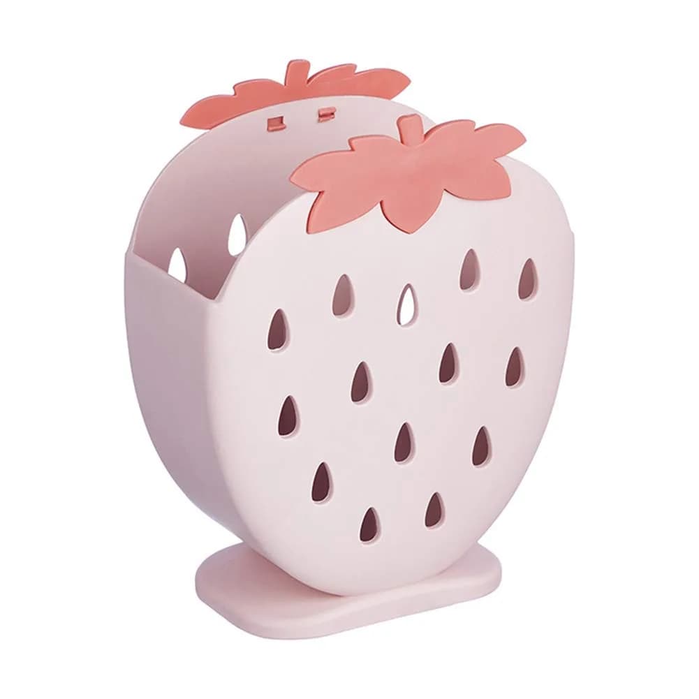 AKOAK Strawberry Cutlery Holder Stand, Plastic Utensil Organizer with Drains, 18 cm (7.1 inch) Height | Light Pink - main product image