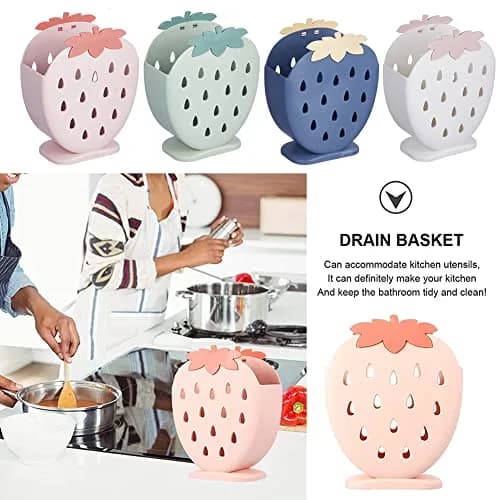 AKOAK Strawberry Cutlery Holder Stand, Plastic Utensil Organizer with Drains, 18 cm (7.1 inch) Height | Light Pink thumbnail 6