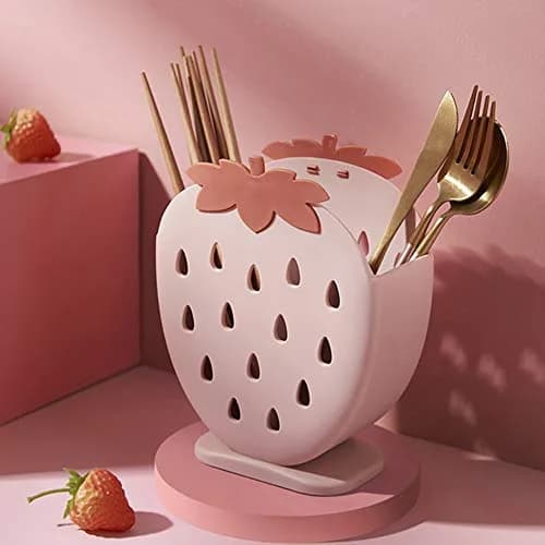 AKOAK Strawberry Cutlery Holder Stand, Plastic Utensil Organizer with Drains, 18 cm (7.1 inch) Height | Light Pink thumbnail 2