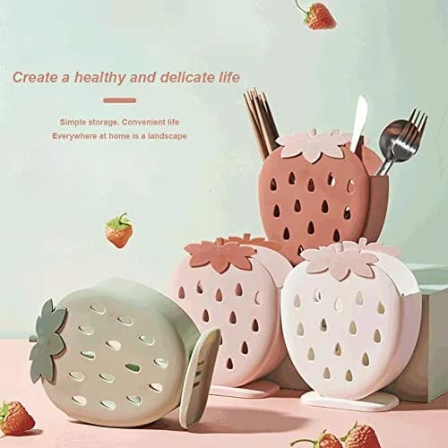 AKOAK Strawberry Cutlery Holder Stand, Plastic Utensil Organizer with Drains, 18 cm (7.1 inch) Height | Light Pink thumbnail 3