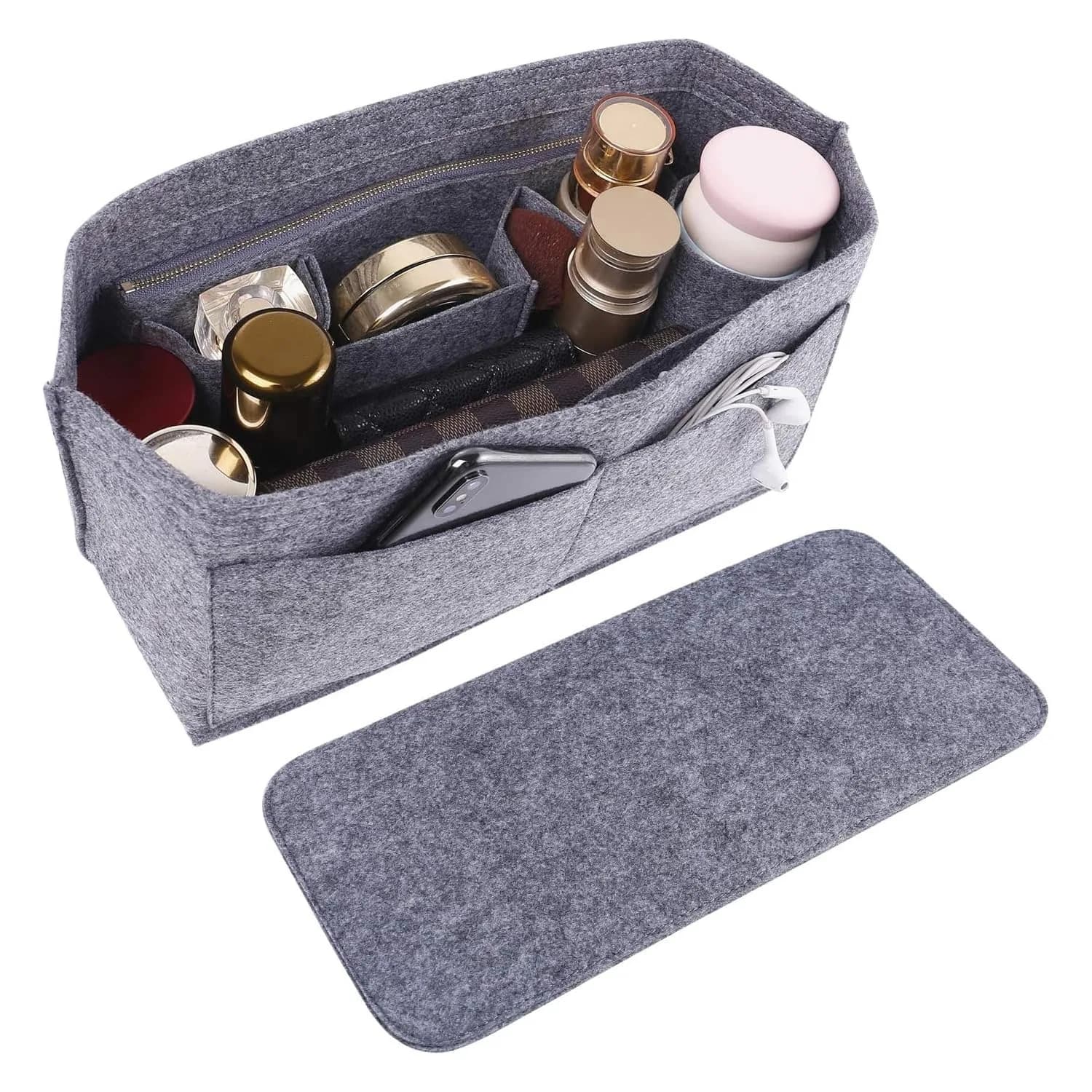 Doxo Purse Organizer Insert for Handbags & Base Shaper 2pc Set, Felt Neverfull GM Organizer Insert, Tote Bag Organizer with Zipper Pocket and Bottle Holder, Fit Neverfull GM and More, Red-XL — Gray