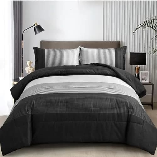 WONGS BEDDING Black Comforter Set Queen | Reversible Black Grey Stripe Bedding for All Season thumbnail 1