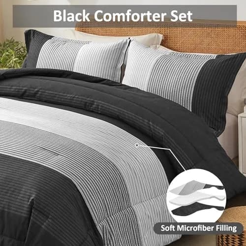 WONGS BEDDING Black Comforter Set Queen | Reversible Black Grey Stripe Bedding for All Season thumbnail 4