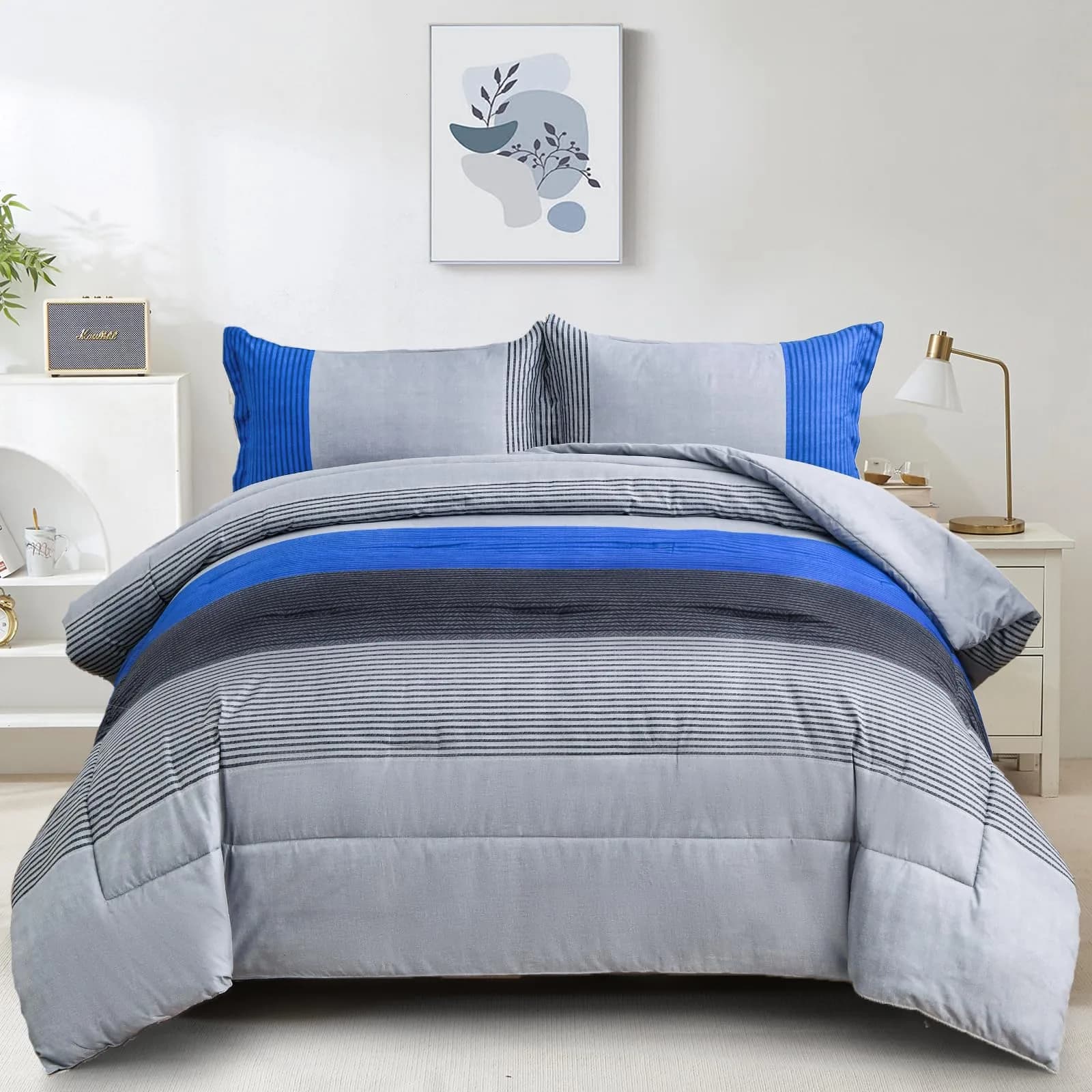 WONGS BEDDING Black Comforter Set Queen | Reversible Black Grey Stripe Bedding for All Season — Blue