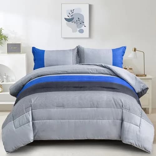WONGS BEDDING Blue Comforter Set King | Reversible Grey & Blue Down Alternative Bedding thumbnail 1