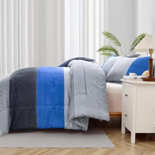 WONGS BEDDING Blue Comforter Set King | Reversible Grey & Blue Down Alternative Bedding thumbnail 5