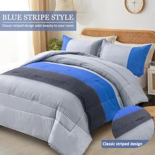 WONGS BEDDING Blue Comforter Set King | Reversible Grey & Blue Down Alternative Bedding thumbnail 2
