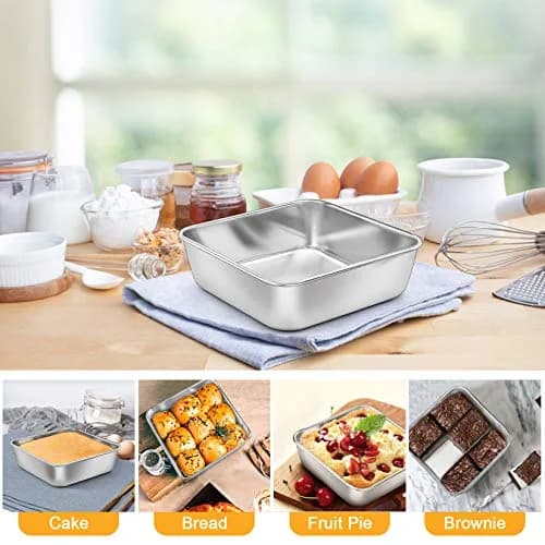 P&P CHEF Square Baking Pan 6x6 Inch (15.2x15.2 cm) - Set of 2 | Heavy Duty Stainless Steel for Brownies & Cakes thumbnail 4