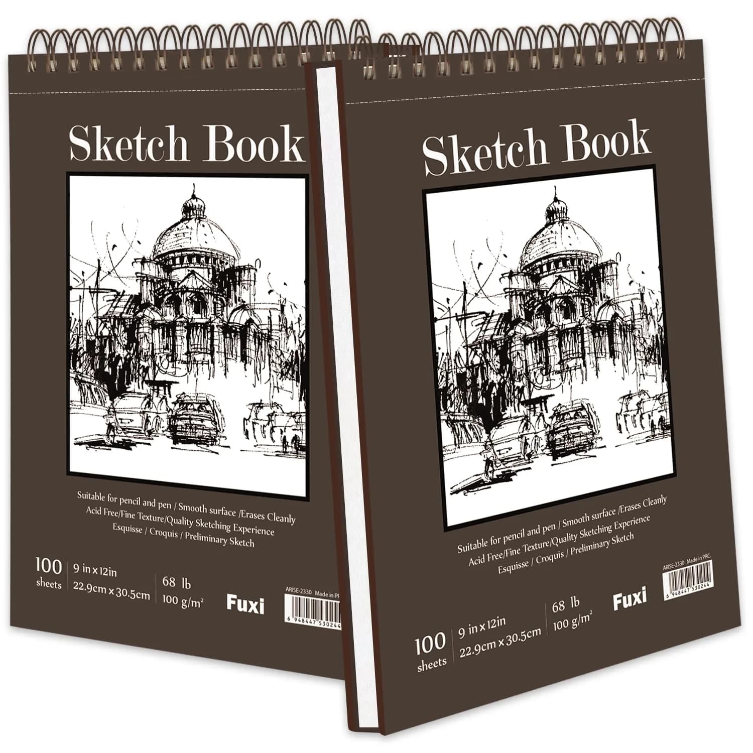Fuxi 9" x 12" Sketch Book Set, Top Spiral Bound Sketchbook, 200 Sheets | Acid-Free Paper for Dry Media