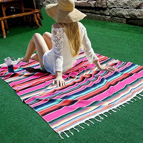 Hxezoc Pink Mexican Blanket Table Runner 150cm x 215cm | Handwoven Cotton Fiesta Decor thumbnail 7