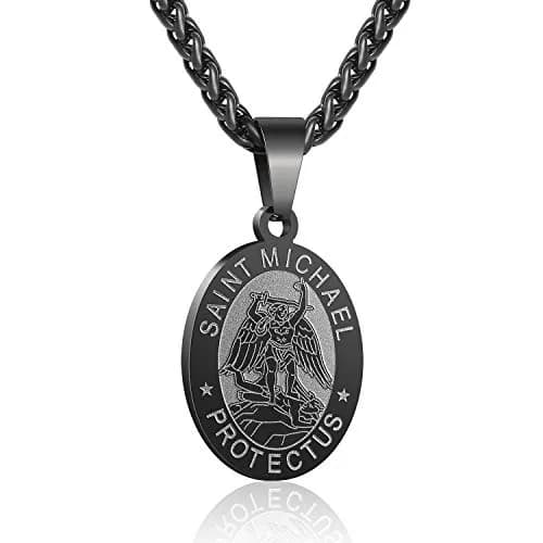 P. BLAKE Black Saint Michael Pendant Necklace with 24-inch Wheat Chain | Religious Medal Jewelry for Men thumbnail 1