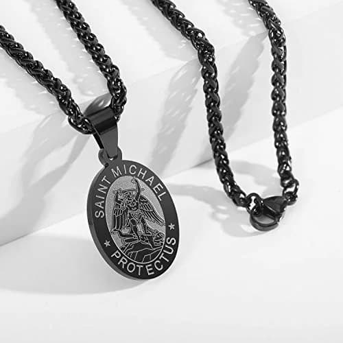P. BLAKE Black Saint Michael Pendant Necklace with 24-inch Wheat Chain | Religious Medal Jewelry for Men thumbnail 4