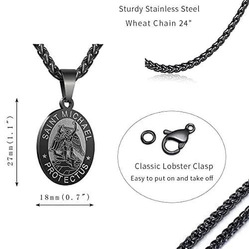 P. BLAKE Black Saint Michael Pendant Necklace with 24-inch Wheat Chain | Religious Medal Jewelry for Men thumbnail 5