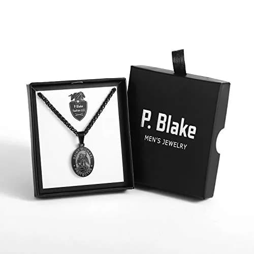P. BLAKE Black Saint Michael Pendant Necklace with 24-inch Wheat Chain | Religious Medal Jewelry for Men thumbnail 6