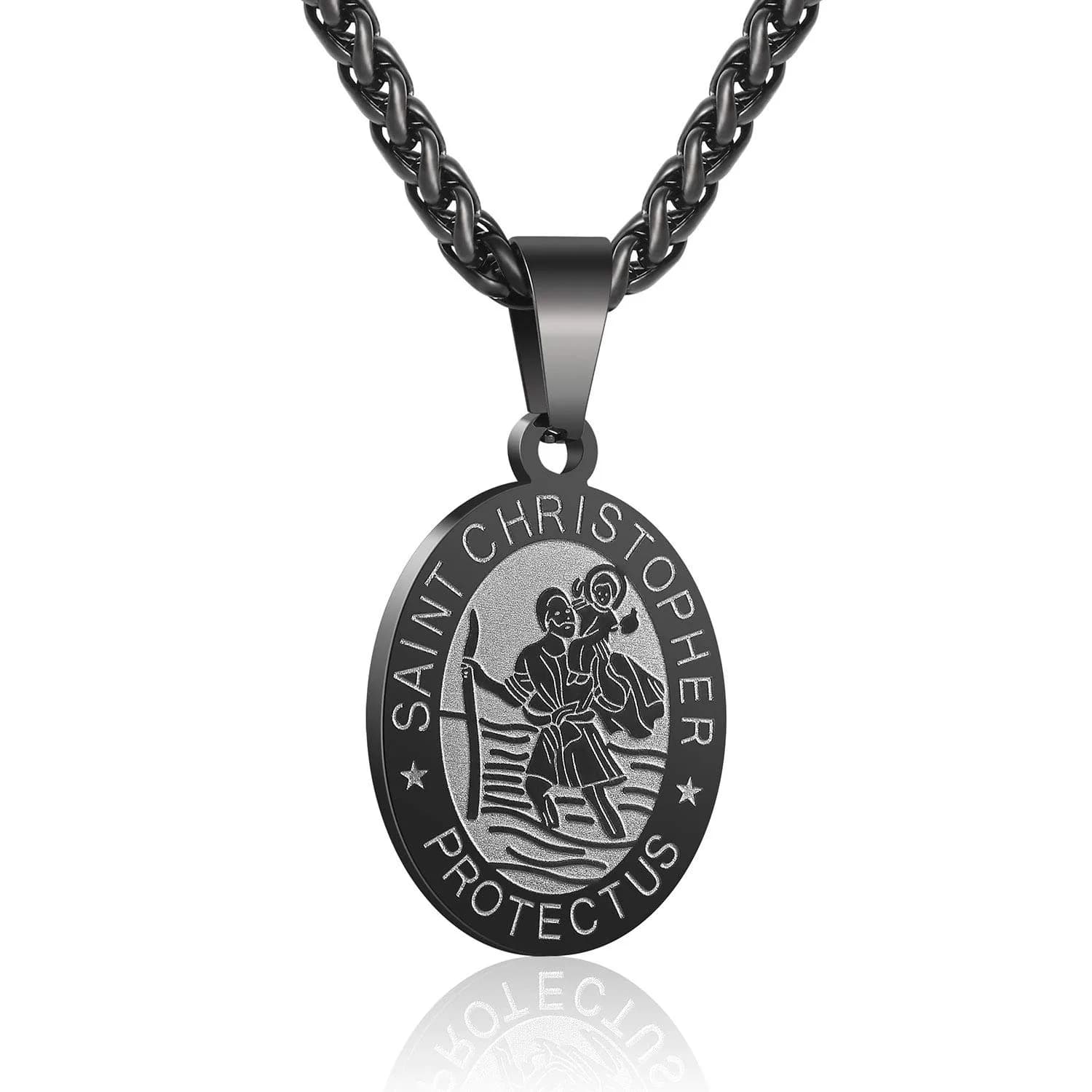 P. BLAKE Saint Christopher Medal Necklace for Men Teen Boys | Hypoallergenic Stainless Steel, 24 Inch Wheat Chain, Black Pendant (61cm) - main product image