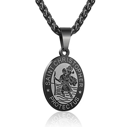 P. BLAKE Saint Christopher Medal Necklace for Men Teen Boys | Hypoallergenic Stainless Steel, 24 Inch Wheat Chain, Black Pendant (61cm) thumbnail 1