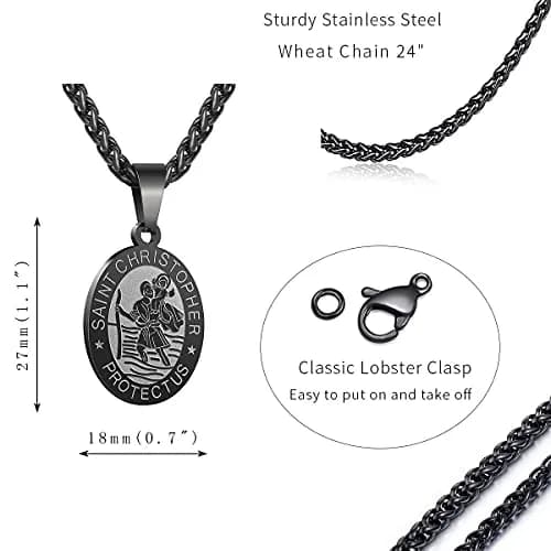 P. BLAKE Saint Christopher Medal Necklace for Men Teen Boys | Hypoallergenic Stainless Steel, 24 Inch Wheat Chain, Black Pendant (61cm) thumbnail 5