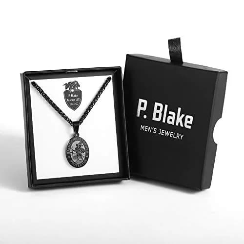 P. BLAKE Saint Christopher Medal Necklace for Men Teen Boys | Hypoallergenic Stainless Steel, 24 Inch Wheat Chain, Black Pendant (61cm) thumbnail 6