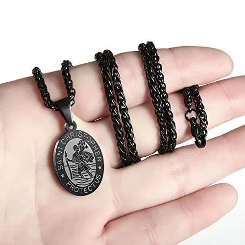 P. BLAKE Saint Christopher Medal Necklace for Men Teen Boys | Hypoallergenic Stainless Steel, 24 Inch Wheat Chain, Black Pendant (61cm) thumbnail 3
