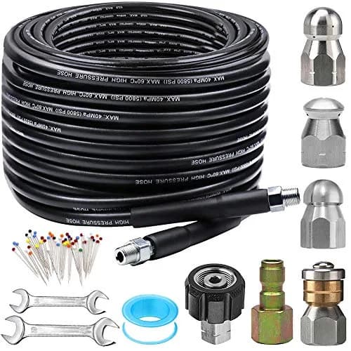 ZOFINE Sewer Jetter Kit for Pressure Washer 100FT | 15.24 m (100 ft) Drain Cleaner Hose with 6 Nozzles, Couplers & Tools thumbnail 1