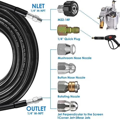 ZOFINE Sewer Jetter Kit for Pressure Washer 100FT | 15.24 m (100 ft) Drain Cleaner Hose with 6 Nozzles, Couplers & Tools thumbnail 2
