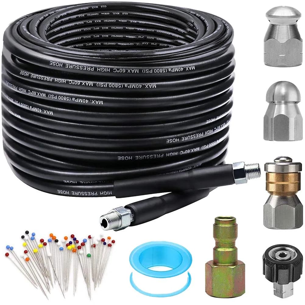 ZOFINE Sewer Jetter Kit for Pressure Washer 50ft (15.24m) Drain Cleaner Hose with 6 Nozzles & Couplers | Clears Blockages Up To 5800 PSI