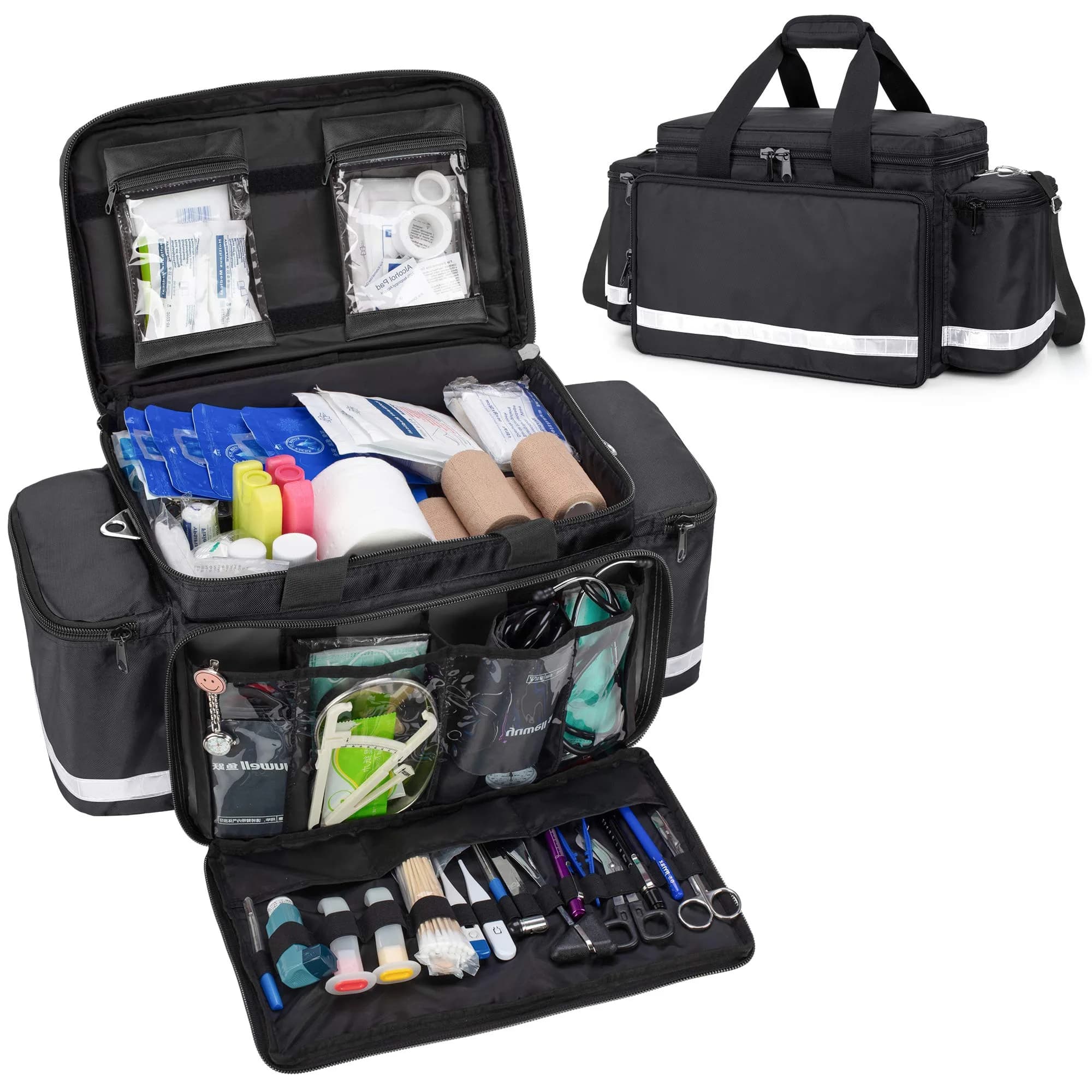 Trunab Trauma Bag with Dividers, EMT First Aid Pouch Medical Bag Empty, Black 62.2 cm (24.5") | Reinforced Nylon with Reflective Strips