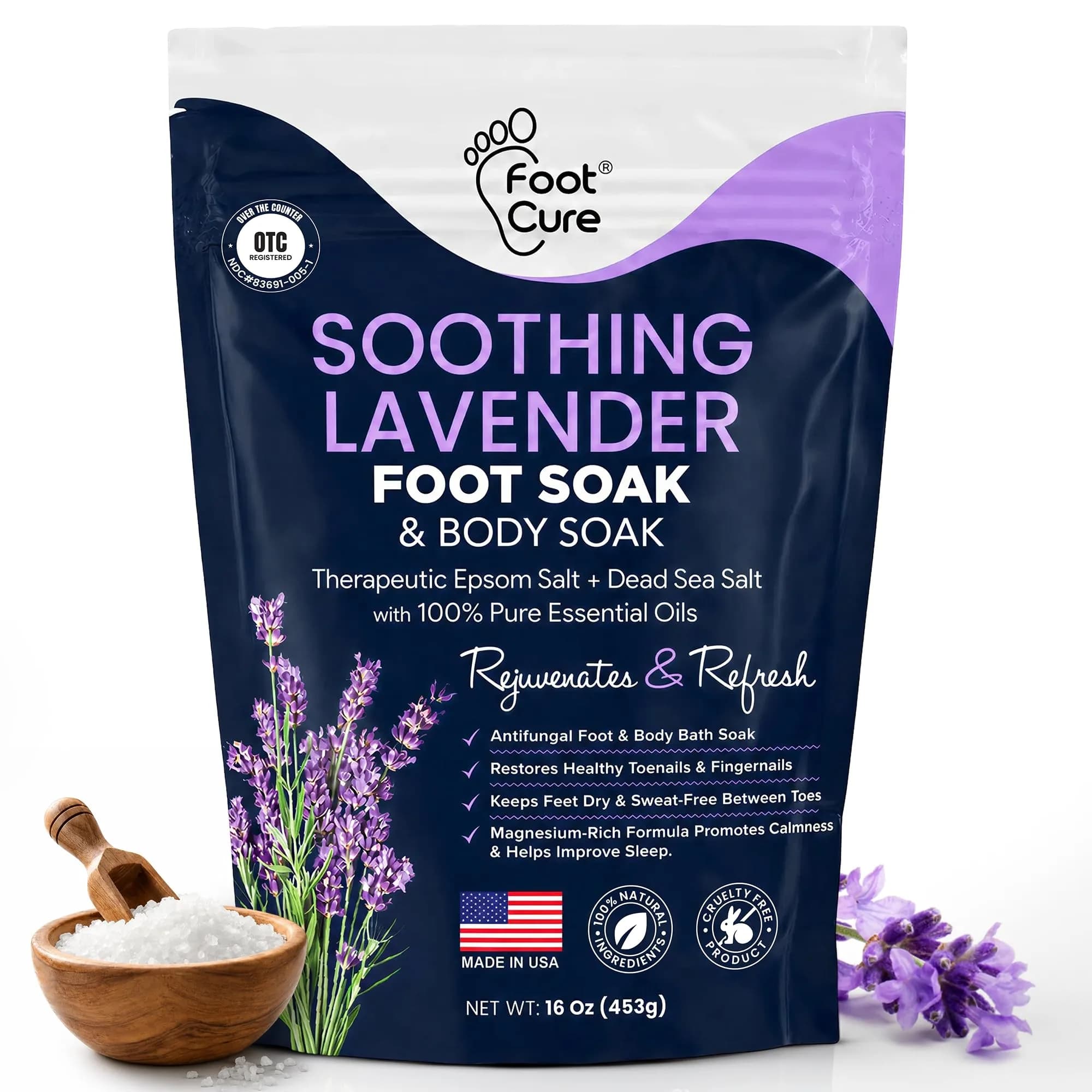FOOT CURE Tea Tree Oil Epsom Salt Foot Soak 473ml (16 Fl Oz) | Softens Calluses & Refreshes Tired Feet — Soothing Lavender / 16 Ounce
