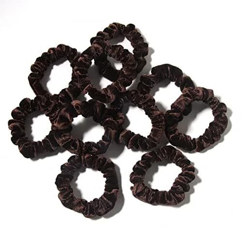 LFOUVRE Small Velvet Scrunchies 10-Pack | Mini Thin Elastic Hair Ties for Thick and Thin Hair, Coffee thumbnail 2