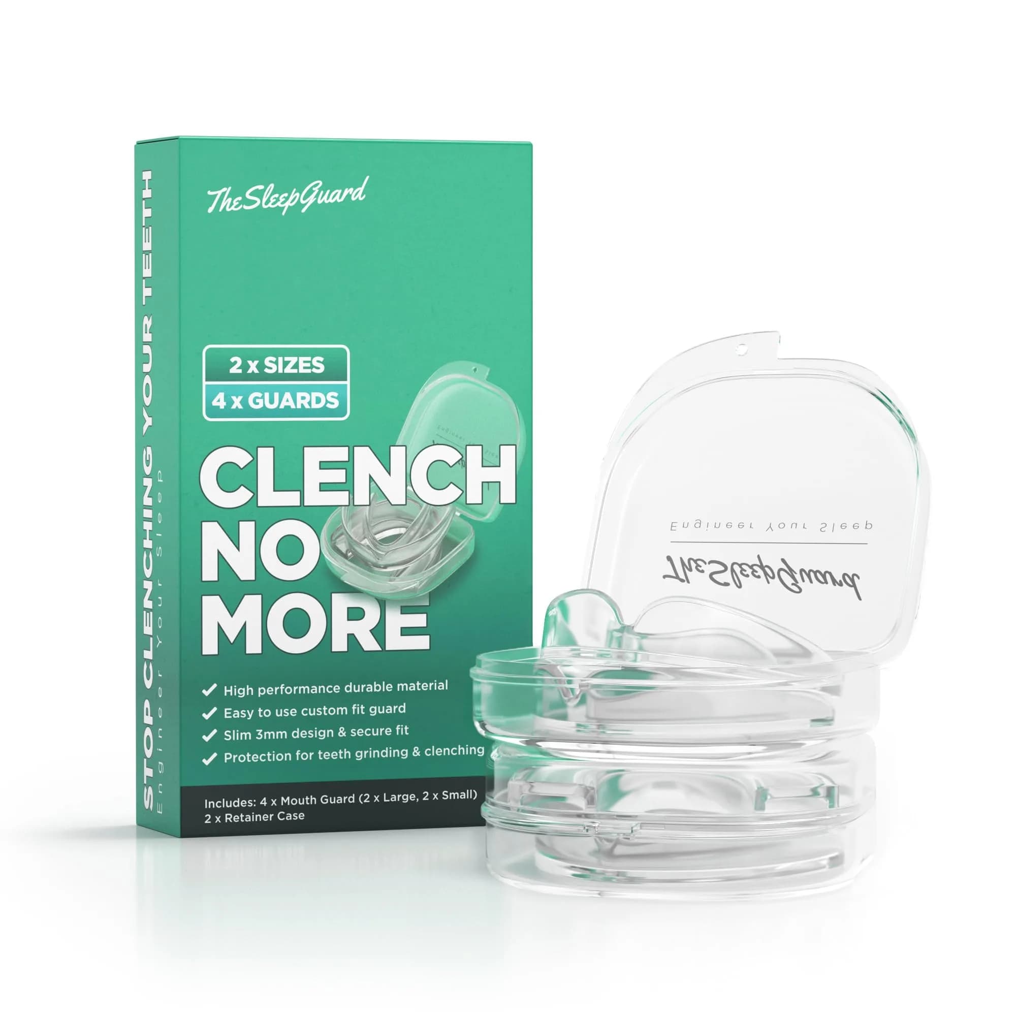 TheSleepGuard Mouth Guard for Teeth Grinding 4-Pack (Small & Large Sizes) | Custom Fit Nighttime Protection — Clear