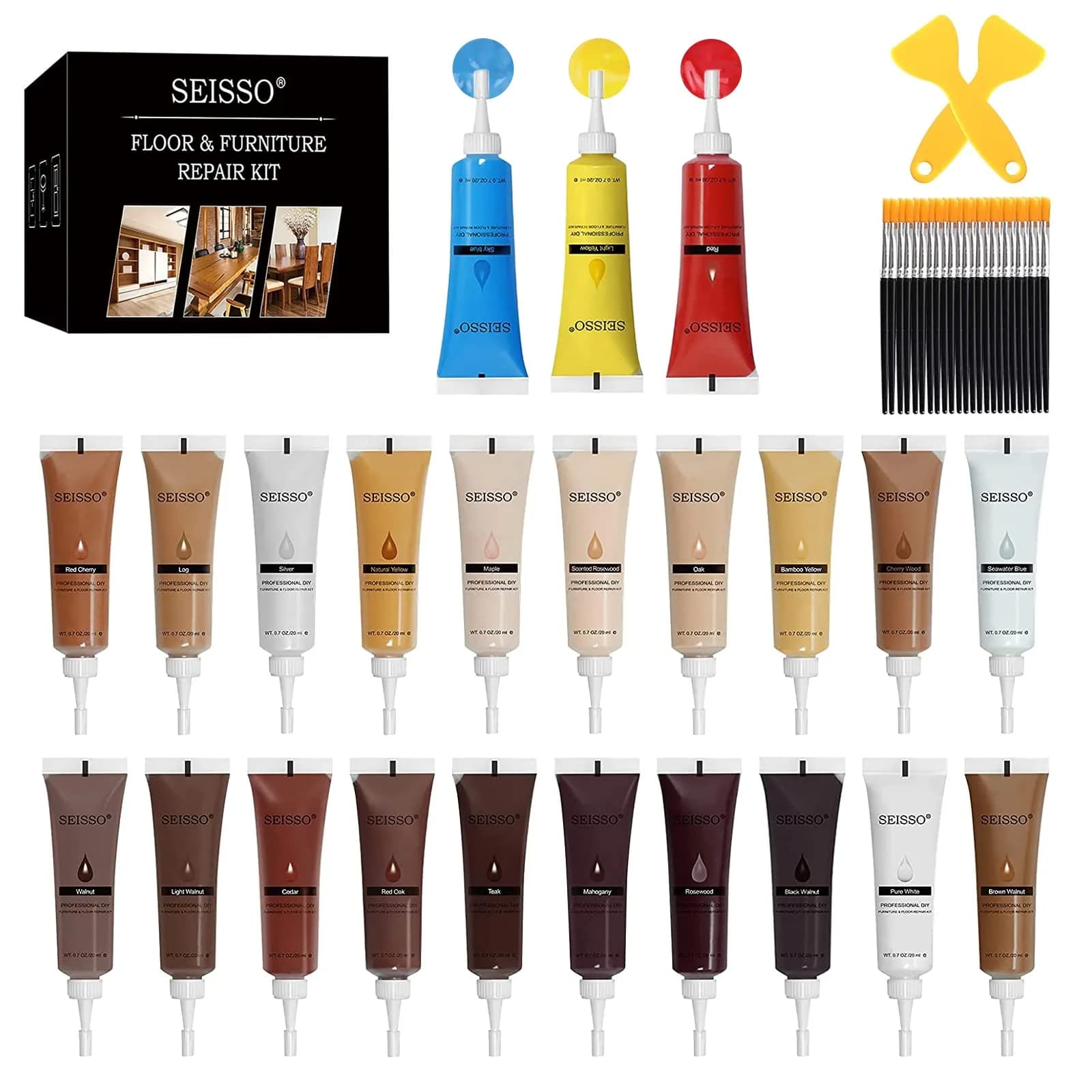 SEISSO Wood Furniture Repair Kit -Set of 50, 24 Colors Wood Touch up Fillers, Wood Repair Paint with Scraper and Brushes, Repair Scratches, Cracks, Stains, Hole - main product image