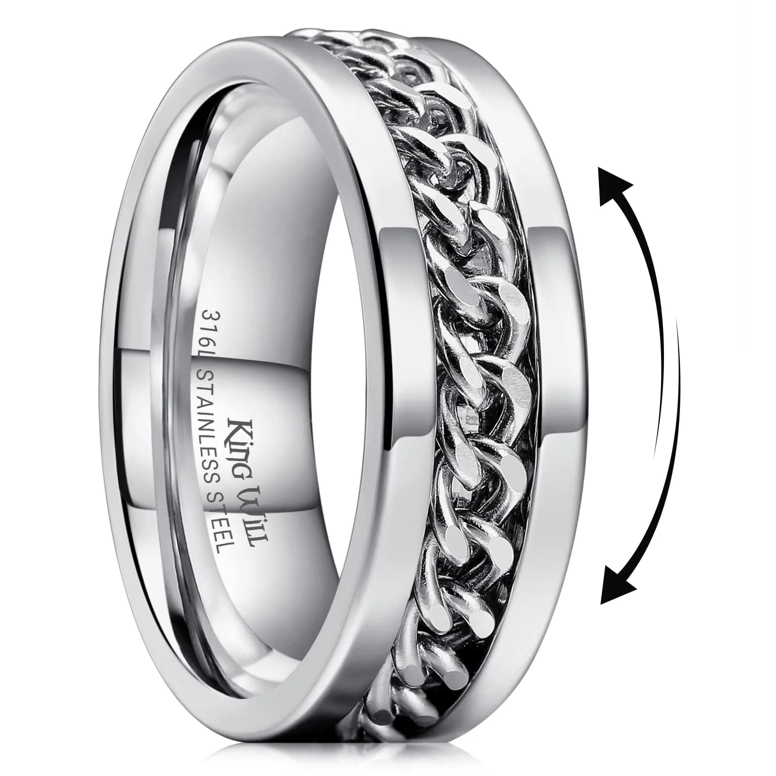 King Will Stainless Steel Fidget Ring 8mm Silver Chain Spin Size 7.5 (19mm) | Anxiety Relief Spinner Band