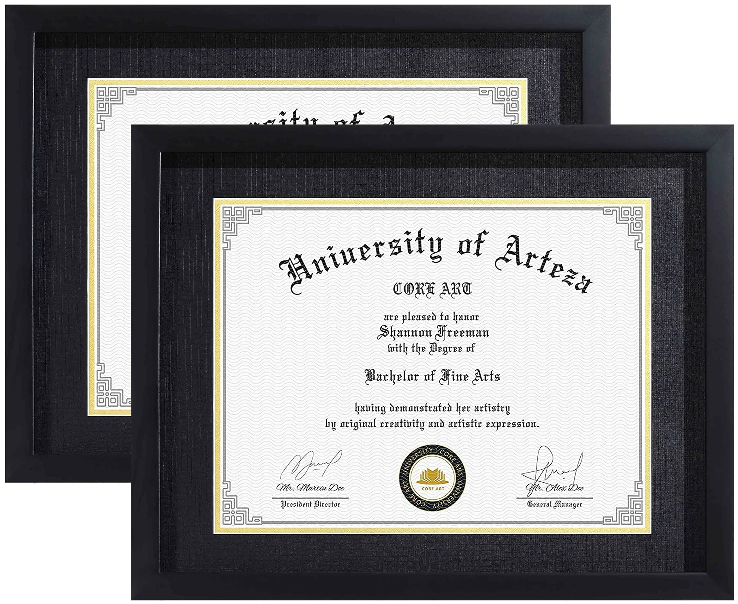 CORE ART Black 11x14 Inch (28x35.5 cm) Diploma Frame 2-Pack | Mat for 8.5x11 Inch (21.5x28 cm) Certificates — Black