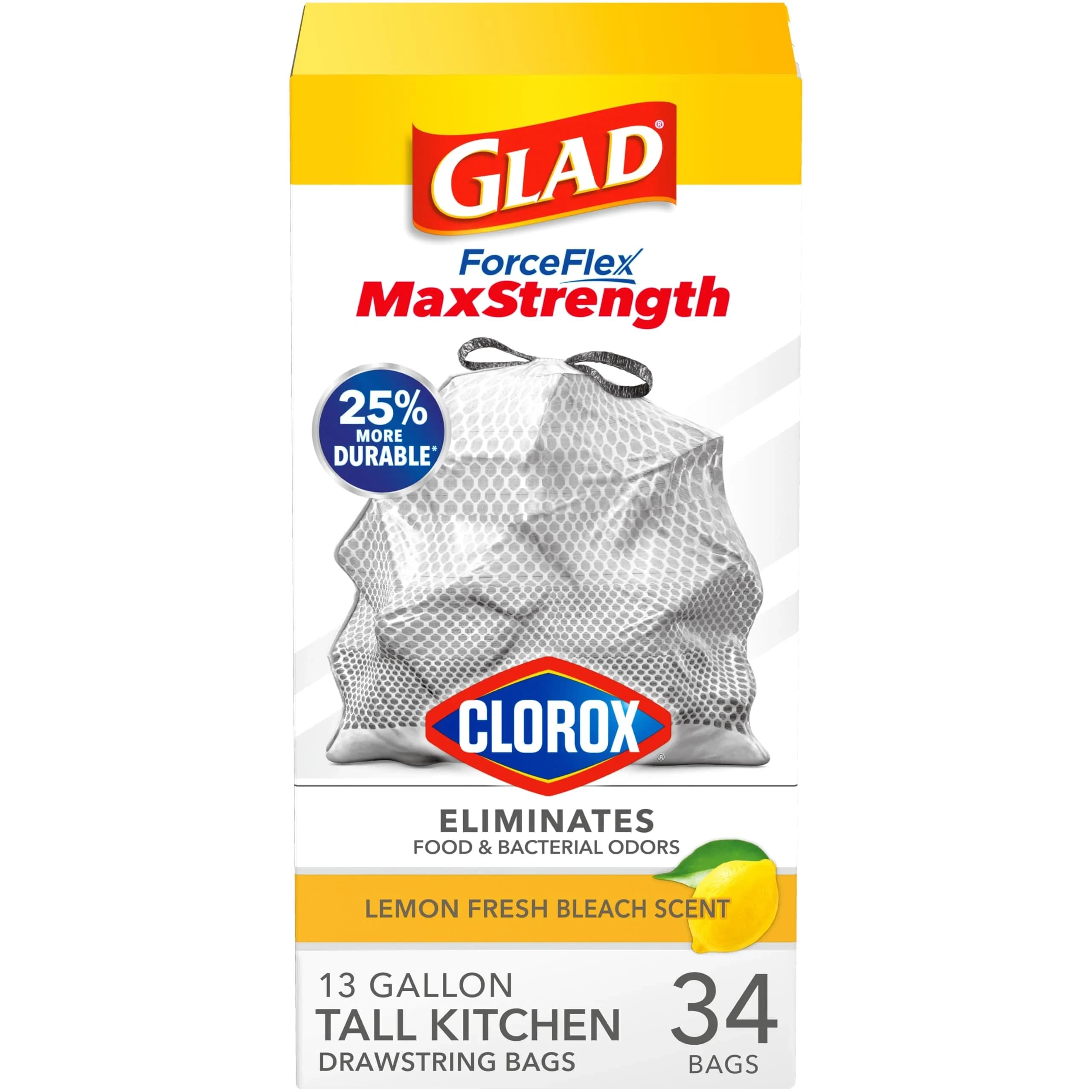Glad ForceFlex MaxStrength Tall Kitchen Trash Bags 13 Gal (34 Count, Gray) | Odor Control with Clorox & Lemon Fresh Bleach Scent