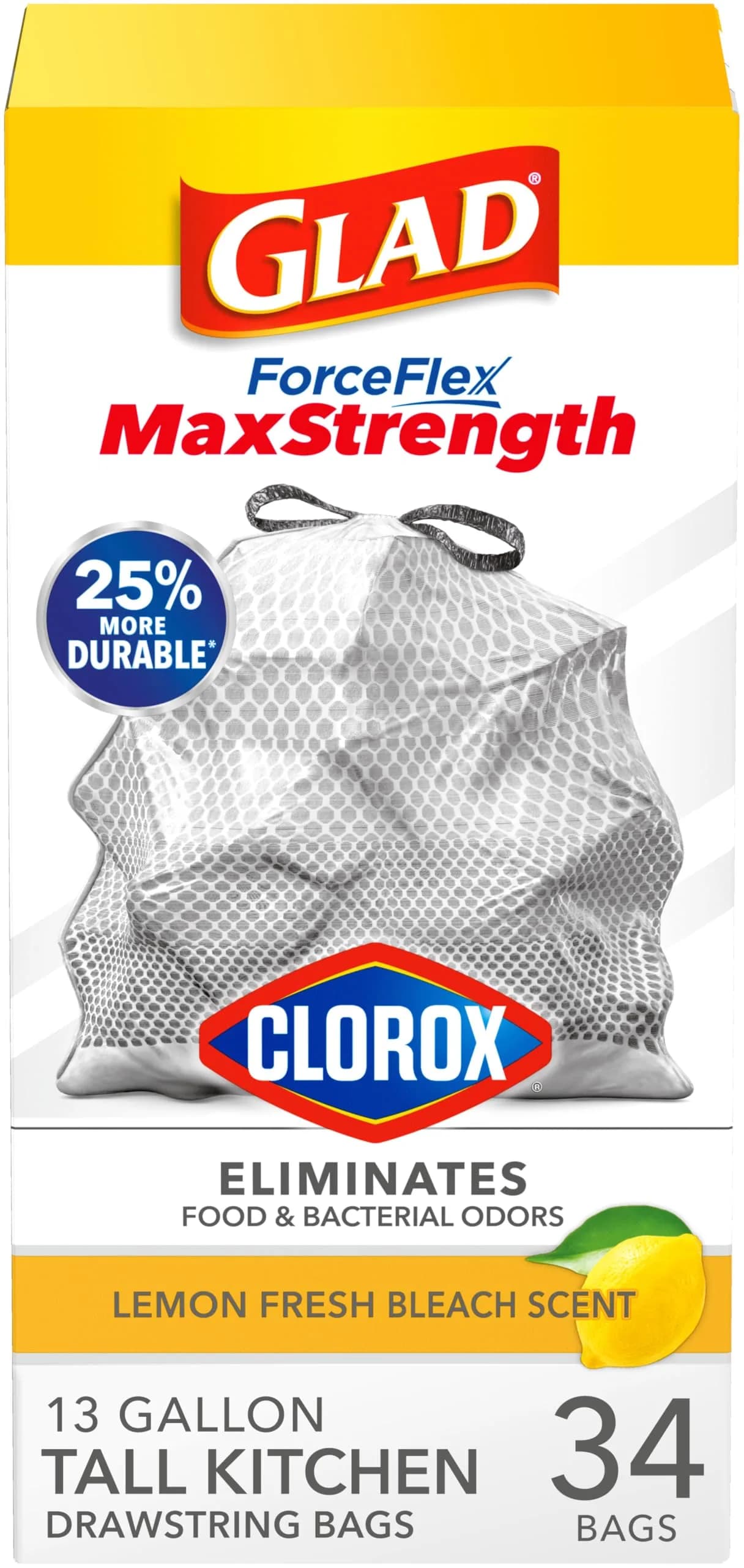 Glad ForceFlex MaxStrength Tall Kitchen Trash Bags 13 Gal (34 Count, Gray) | Odor Control with Clorox & Lemon Fresh Bleach Scent — Lemon Fresh Bleach
