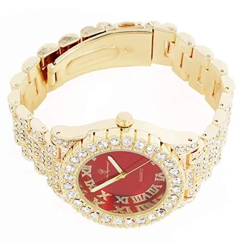 Charles Raymond Mens Gold Big Rocks Watch with Roman Numerals & Colorful Dial, Fully Iced Out, 8-inch Band, Blood Red Dial, Quartz Movement thumbnail 4