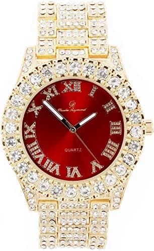 Charles Raymond Mens Gold Big Rocks Watch with Roman Numerals & Colorful Dial, Fully Iced Out, 8-inch Band, Blood Red Dial, Quartz Movement thumbnail 1