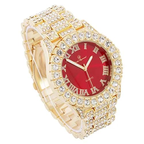 Charles Raymond Mens Gold Big Rocks Watch with Roman Numerals & Colorful Dial, Fully Iced Out, 8-inch Band, Blood Red Dial, Quartz Movement thumbnail 3