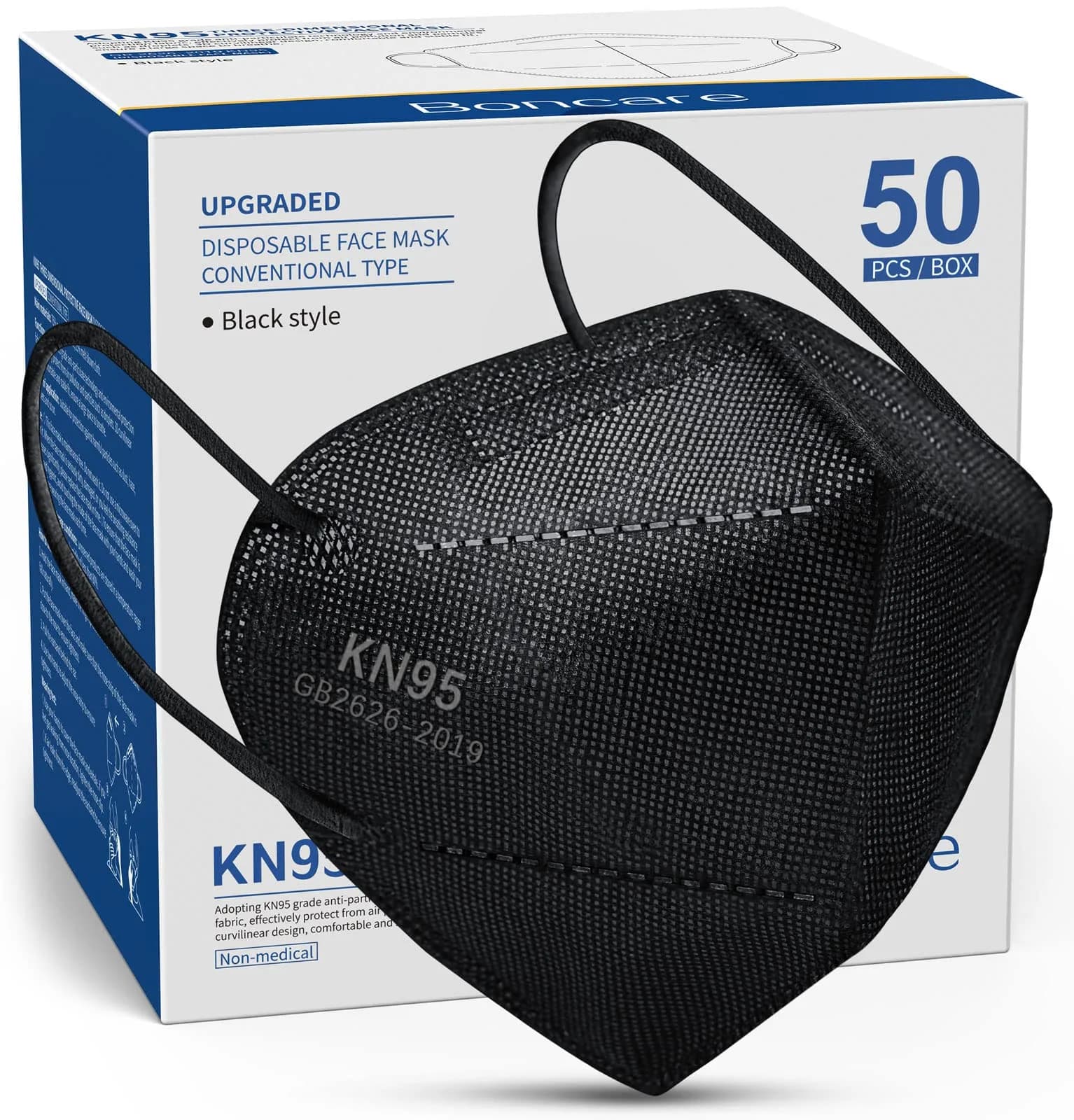 Boncare KN95 Face Masks 50 Pack | 5-Layer Disposable Masks, Breathable & Comfortable, Black - main product image
