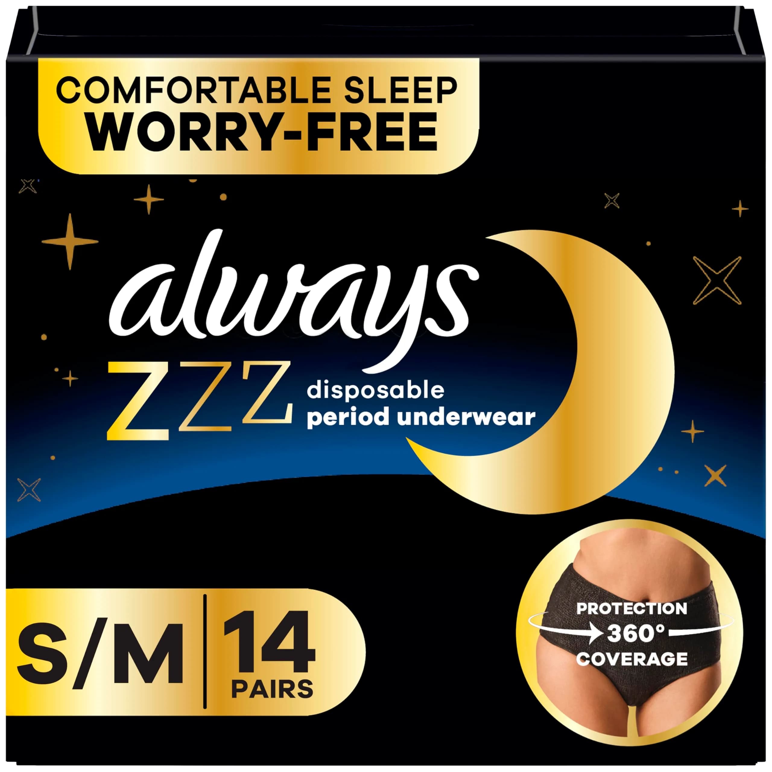 Always ZZZ Overnight Disposable Period Underwear for Women, Large, 14 Count | 360° Leak Protection — Small/Medium